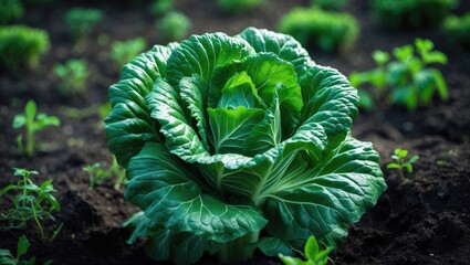 Aufkleber - Detailed view of a healthy cabbage crop in a natural garden setting with soil and greenery