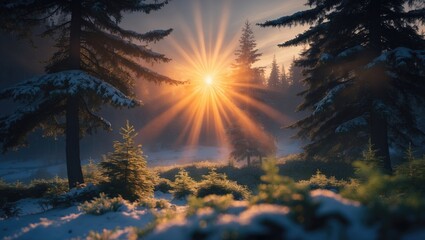 Wall Mural - evening sunset in the forest