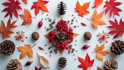 Aufkleber - Fall season display featuring dried leaves, flowers, and berries arranged on a white background in flat lay style