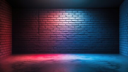 Poster - Interior studio space with grunge-style brick wall illuminated by neon lights and abstract textures