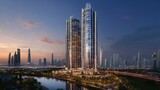 A sophisticated skyscraper with a glossy facade and striking architectural details, its towering presence epitomizing success and innovation in the modern world 