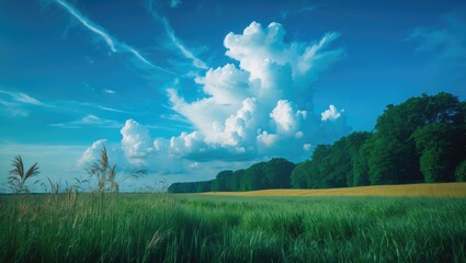 Wall Mural - Bright daytime scene featuring blue sky and white clouds in a natural landscape