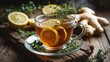 © AbstractAI - Warm green tea with ginger, lemon, and thyme served on a natural wooden background