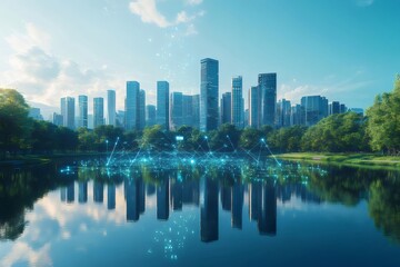 Aufkleber - 公園の湖に映る高層ビル群の反射と水の輝きがある都市景観と青空と緑豊かな背景の風景