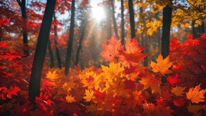 Wall Mural - bright autumn scene with red and yellow leaves on trees in the forest background