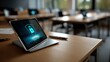 © Johnnii - A tablet with a cybersecurity lock icon on the screen sits on a desk in a modern, empty classroom.