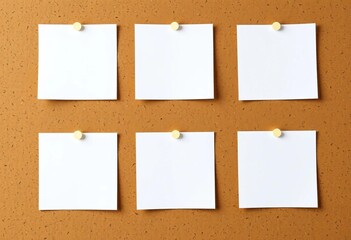 Wall Mural - Six blank white memo cards pinned to a corkboard, square format, photography, clean