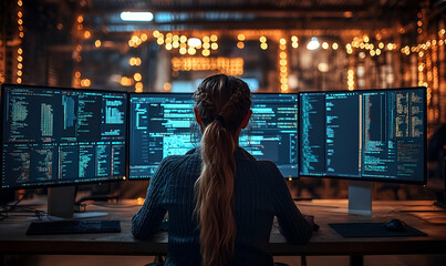 Woman Programmer Working Late at Night on Multiple Computer Screens