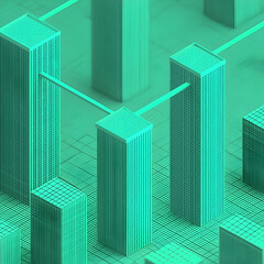 Abstract city network connection; isometric view; teal skyscrapers; grid background; technology concept illustration