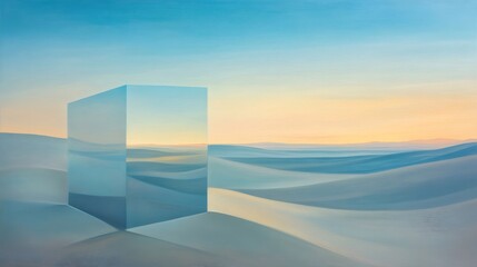 Aufkleber - 砂漠の風景に浮かぶ反射キューブ ミニマリスト幾何学的抽象アート 砂丘と空のパステルカラーのパノラマシーン