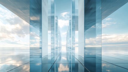 Aufkleber - 青い空と雲を映す抽象的な建築構造 ミニマルなデザイン 未来的な都市景観 透明なガラスとコンクリートが織りなす幾何学的な反射