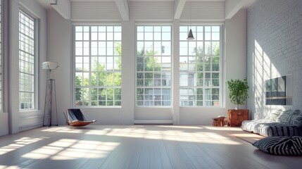 Aufkleber - Bright, modern loft interior with large windows