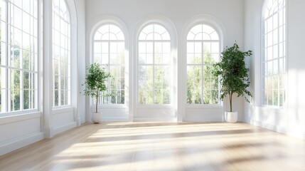 Aufkleber - Bright, spacious room with large windows overlooking a garden. Sunlight streams in, illuminating the pale wood floor and white walls
