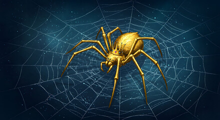 Golden spider on a web illustration against dark blue background