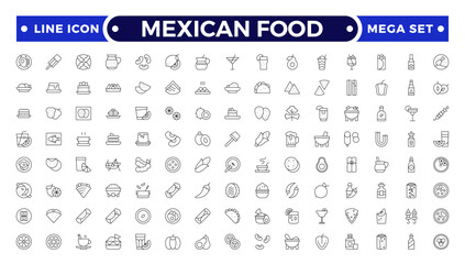 Mexican Food outline icons. Fast food vector icon line set. Burger sandwich pizza hot dog cola coffee sweets.