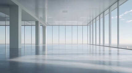 Aufkleber - 広い現代的なオフィス空間 白い柱と大きな窓からの眺望が特徴的な明るいインテリア デザイン