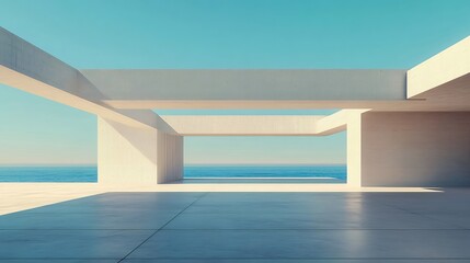 Aufkleber - コンクリート建築構造と青い海の背景を持つミニマリストデザイン空間の風景