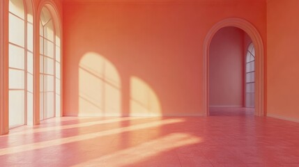 Poster - Empty coral room with arched windows and sunlight
