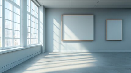 Poster - Empty modern room with large windows and blank canvases