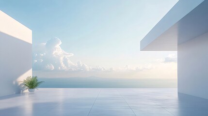 Aufkleber - ミニマリスト建築のテラスからの晴れた日の穏やかな空と雲の風景 白い建築構造とコンクリートのテラス 観葉植物のアクセント