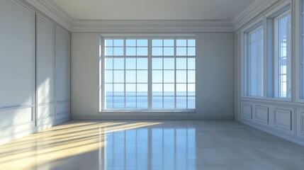 Aufkleber - Empty, sunlit room with large ocean view