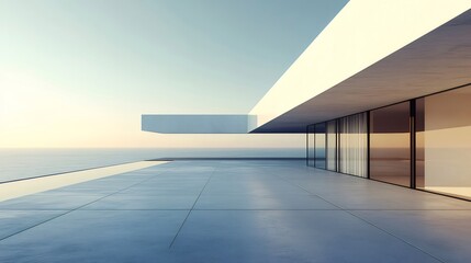Aufkleber - オーシャンビューの現代的な白いミニマリスト建築と青空の下での水平線とミニマルなコンクリート構造のテラス