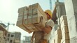 © aubriella - Construction Worker Carrying Bricks at a Building Site