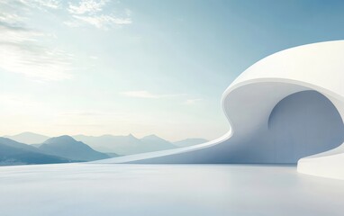 Aufkleber - 白い現代建築構造体の背景に青い空と山々が広がる革新的なデザイン