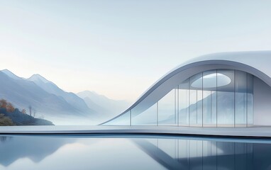 Aufkleber - 白い曲線建築のデザインと山々と穏やかな水の反射がある風景