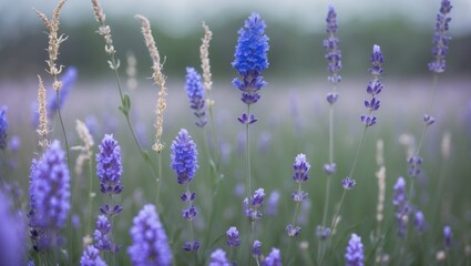 Wall Mural - blooming purple lavender plants swaying in a tranquil countryside landscape