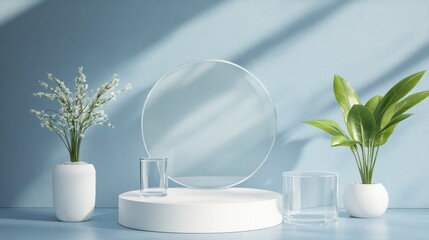 Poster - Minimalist, modern, pastel blue display with white podium, plants, and round glass object