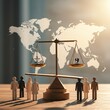 © Ferry - Global justice concept with diverse figures and balanced scales on world map