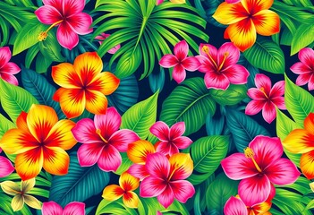 Fototapete - Vibrant hibiscus, palm, & monstera leaves in a Hawaiian-style seamless vector pattern, leaves, colorful