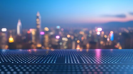 Aufkleber - 抽象的な青と紫の都市の夜景の背景に輝くドットのオーバーレイと未来的な雰囲気