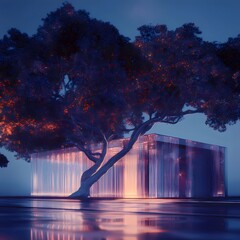 Aufkleber - 夜空の下の光る木と透明な構造物 水面に反射する光が特徴的な抽象的な都市景観