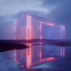 Aufkleber - 夜空の下の赤いハイライトを持つ抽象的な最小限の建築構造 反射水面と曇り空のミニマルな未来の都市景観