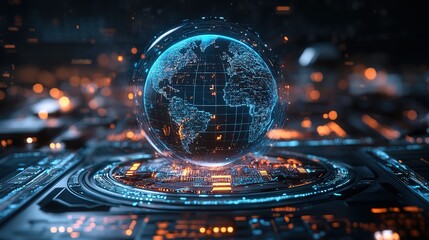 3D holographic display showing a world fully powered by renewable energy, futuristic vision