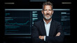 © Rohan Katwe - Experienced businessman poses confidently against a background of financial and analytical data displays, conveying leadership, expertise, and success in a professional setting.