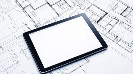 Tablet on Architectural Blueprints: Modern Design & Construction