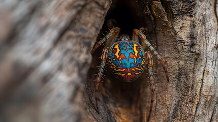Colorful spider in a tree hollow with intricate pattern.