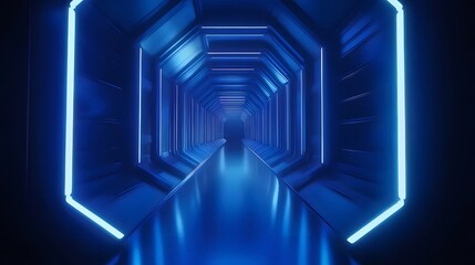 Aufkleber - ネオンブルーライトを備えた未来的で幾何学的な金属トンネルインテリア 夜景の廊下と通路 スペースエイジテクノロジー構造の背景