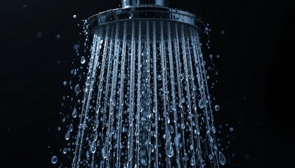 Fototapete - Close-up captures the sensation of cascading water from a modern shower head, with water droplets