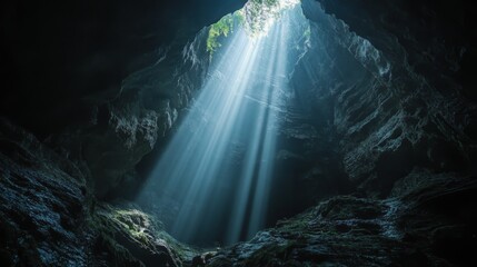 Wall Mural - a stunning view of light streaming through a cave opening. the majestic rays create a tranquil atmos