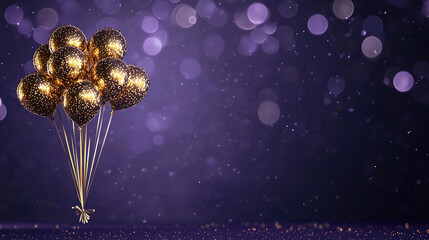 Aufkleber - Golden balloon cluster festive celebration sparkling confetti purple bokeh background elegant party decoration joyful atmosphere New Year event luxury style holiday mood