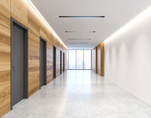  Modern hallway featuring wooden walls, multiple doors, and large windows that allow natural light to illuminate the space