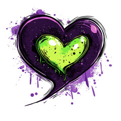Wall Mural - expressive artwork of a stylized heart with vibrant green and purple, in an edgy dripping paint desi