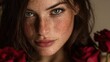 © Firadoaw - Portrait of a brunette woman with flawless skin, holding roses with grace and elegance