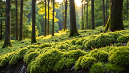 green moss across peaceful landscape with natural beauty concept. lush green forest with moss-covere