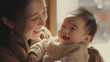 © Dirk - Portrait of happy Asian mom and baby bonding and smiling together. Happy family, beautiful background, mockup for mother’s day. Publicity poster, healthy happy family. Tender moments between mother an