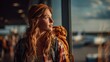 © Firadoaw - Teenager girl holding a suitcase and backpack, standing by the airport terminal window, looking out with excitement for her summer vacation.